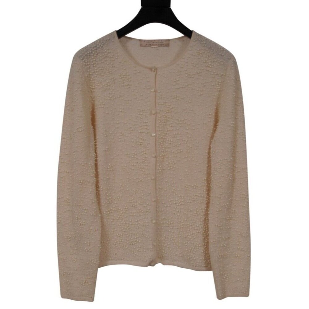 Belford Womens All Over Pearl Cardigan Medium Beige Tan Cashmere Long Sleeve